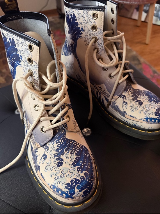 Dr. Martens Shoes - Dr Martens Canvas Wave-Print Lace-Up Boots in Blue and Cream Limited Edition